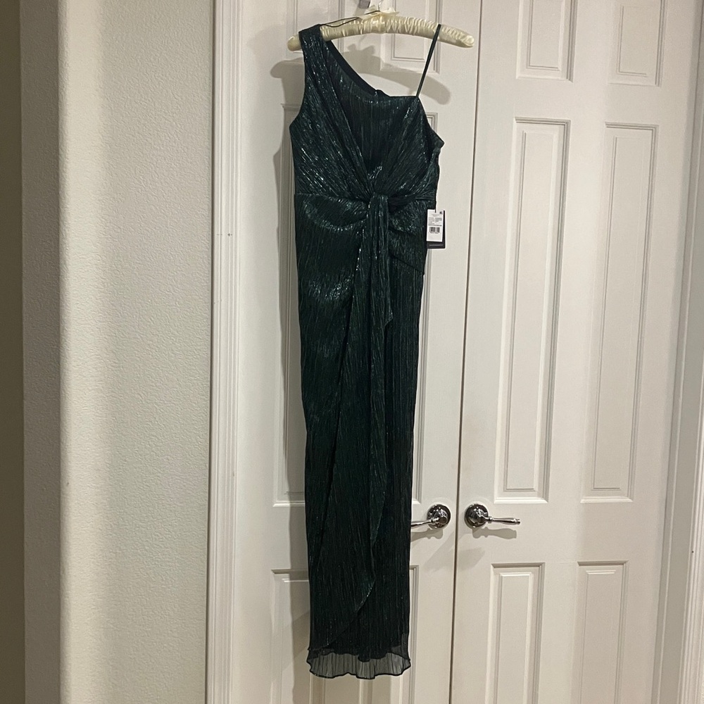 Stardust Pleated Draped Gown, 12, Maxi, One Shoulder, Green Pine